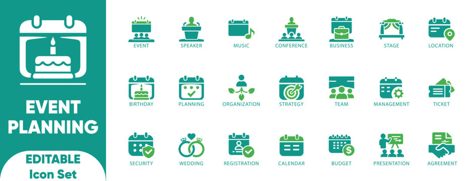Event Planning Editable Icon Set. conference, invitation, planning, timeline, venue, meeting, set, engagement, icon, and vector icons.