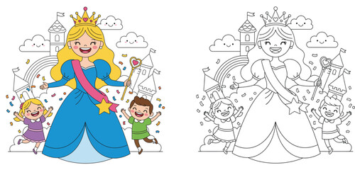 Obraz premium Cute Fairy Tale Princess with Happy Children and Magic Castle Background, Color and Line Art Illustration for Kids Coloring Book Page, Fantasy Kingdom Activity for Children