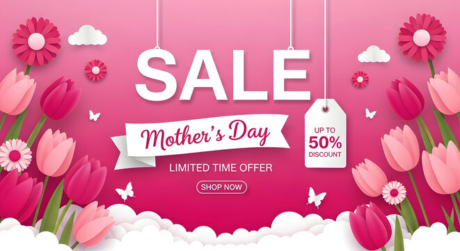 Festive paper-cut Mother's Day sale banner with pink tulips promotion