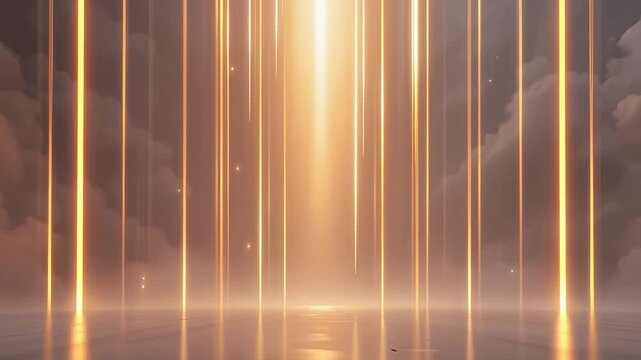 golden light beams over reflective water with clouds and sky