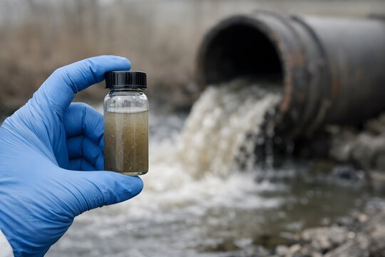 Environmental Pollution Impact Assessment Industrial Area Scientific Analysis Contaminated Water Close-up View Environmental Concerns