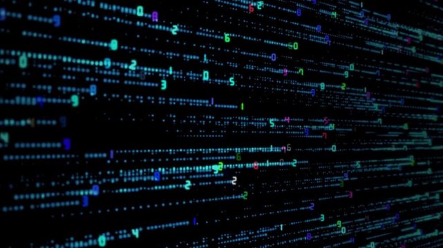 Abstract digital background with blue data particles and matrix code characters flying through cyberspace.