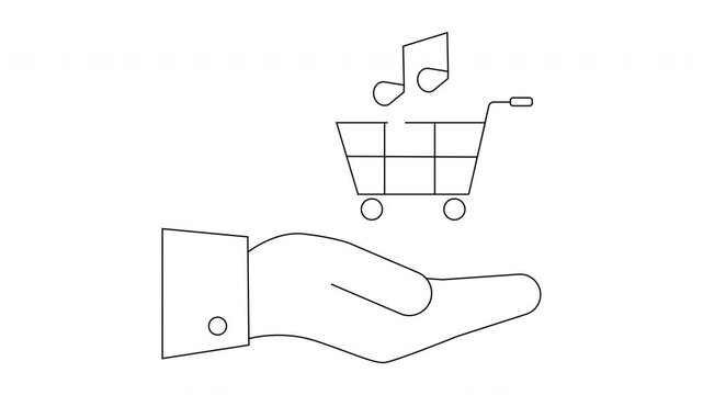 Hand Holding Shopping Cart with Music Notes Illustration.