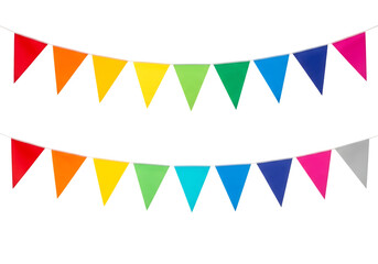 Obraz premium Two colorful strings of triangular party flags and bunting against a white background, symbolizing celebration and joy.