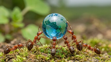 Six red ants collaboratively carrying a small blue glass globe resembling Earth on a mossy green surface, symbolizing teamwork and global responsibility.