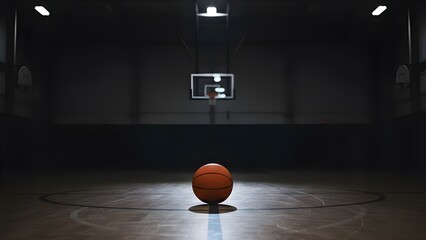 어두운 코트 위 스포트라이트를 받는 농구공과 골대 basketball on a dark court with a single spotlight hitting the hoop