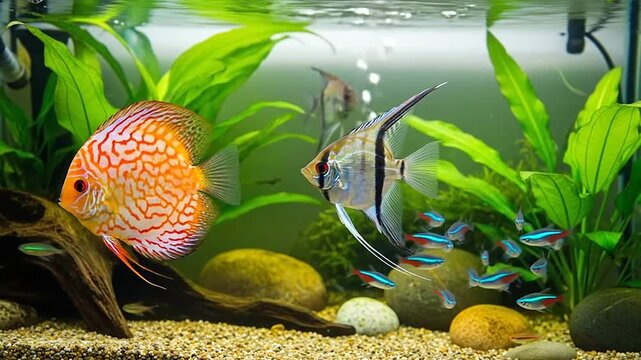 Vibrant discus fish and angelfish swimming gracefully in a freshwater aquarium with green plants and clear water.