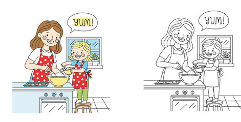 Mother and daughter baking together in kitchen coloring book page vector illustration with colored sample and black and white outline for kids activity