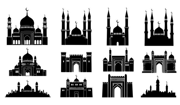 Islamic Mosque and Castle Silhouette Clipart Set with Crescent Domes and Minarets