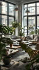 Fototapeta premium Generative AI Modern Bright Living Room with Large Windows and Indoor Plants