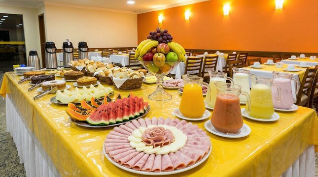Full breakfast buffet spread in a hotel with fresh fruits, juices, breads, and cold cuts.
