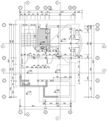 Professional Architectural Layout Plan with Circular Design Feature, Grid Alignment System, and Comprehensive Measurement Documentation