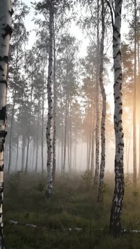 A peaceful birch forest at dawn with foggy atmosphere and soft sunlight filtering through tall trees, capturing the serenity of a natural wilderness scene.