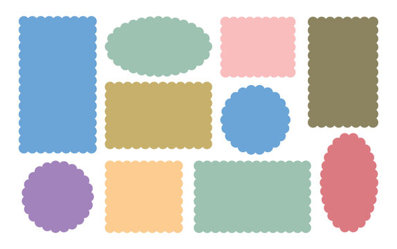 Geometric shapes with scallop and zigzag edges set. Silhouette stickers circle, square, oval and rectangle labels.