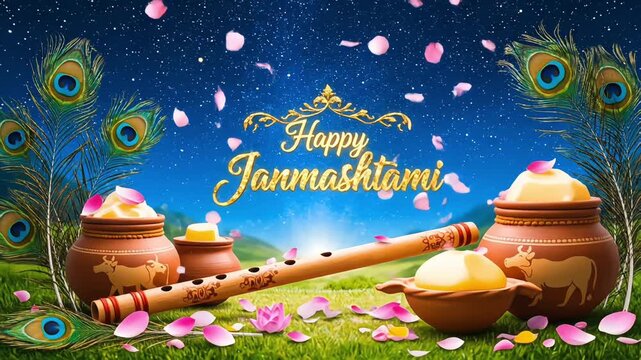 Happy Janmashtami Hindu festival celebration with flute and butter pots
