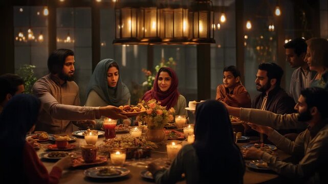People gathering around dinner table.