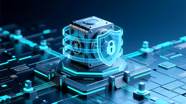 Abstract visualization of cyber security mesh network providing layered digital shield protection for confidential data vault core in enterprise architecture ensuring sensitive information governance