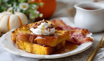Plate of fall pumpkin French toast with maple syrup, whipped cream, pecans, side of bacon,
