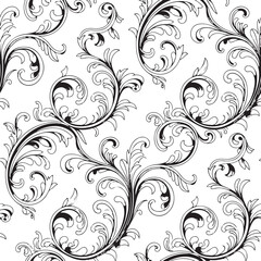 Obraz premium Elegant Black and White Baroque Floral Seamless Pattern