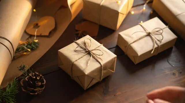 Hands wrapping a rustic holiday gift with brown paper and twine