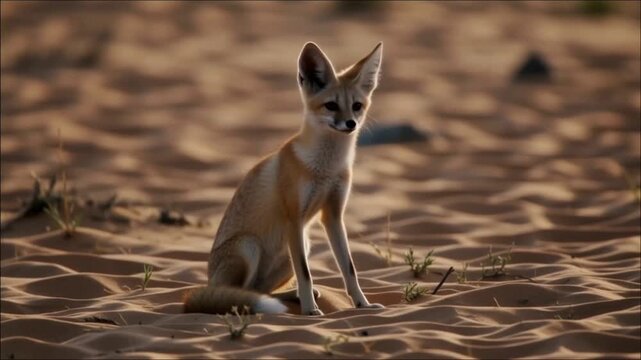 Fennec fox sitting on desert sand at sunset