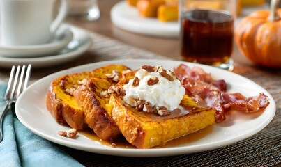 Plate of fall pumpkin French toast with maple syrup, whipped cream, pecans, side of bacon,