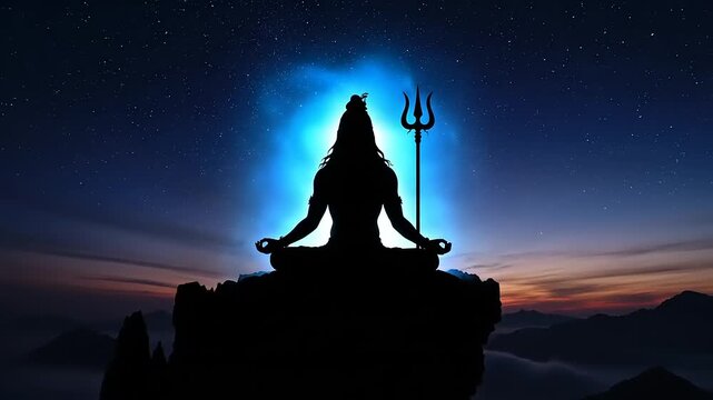 Shiva meditating with Trishul on mountain.