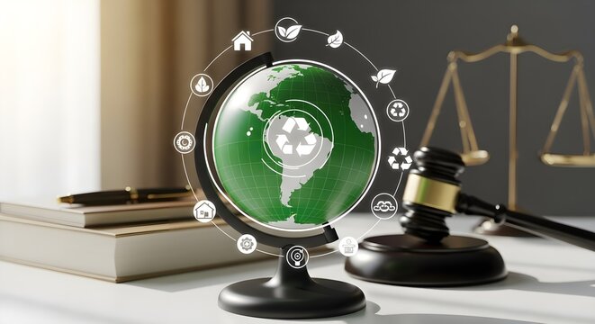Globe and gavel on a desk with books and scales
