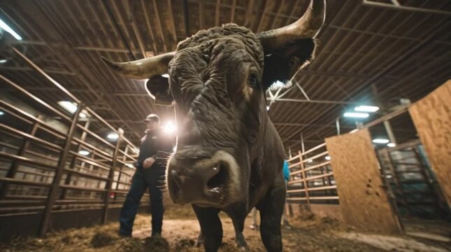 A man standing next to a bull in a barn.