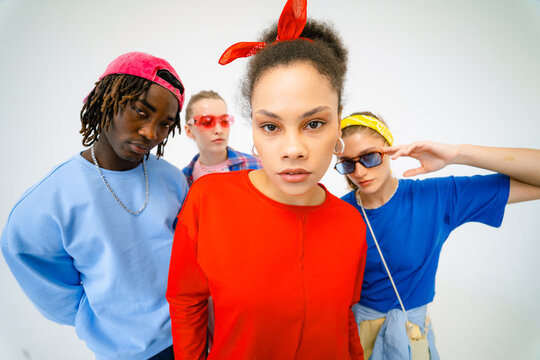 A group of people in bright clothes