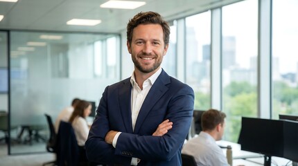 Fototapeta premium A handsome, confident businessman stands smiling with his arms crossed in a bright, modern corporate office environment during the workday.