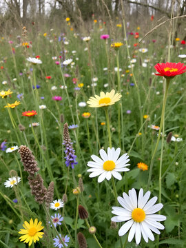 Veld met rode, gele, blauwe en witte bloemen