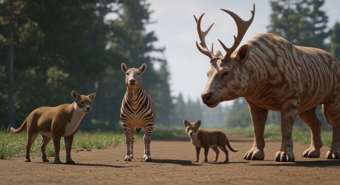 Fantasy hybrid animals on dirt road in forest during daytime