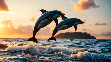 Fototapeta premium Dolphins leaping in unison above the water, their sleek bodies catching the golden light of sunset, waves splashing below, a serene tropical island visible in the distance, cinematic and vivid.