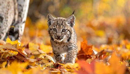 A curious young wildcat walks through fallen leaves