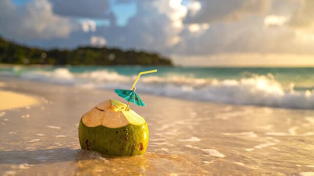 A refreshing green coconut drink with a straw and umbrella sits on a wet sandy beach with gentle waves lapping the shore during golden hour, creating a serene tropical vacation mood