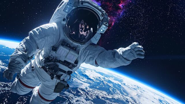 Astronaut in a detailed spacesuit floating in outer space with Earth below and distant nebula, conveying a sense of exploration and wonder against the dark cosmos