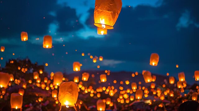 A multitude of glowing sky lanterns ascend into the deep blue twilight sky, illuminating the night with a warm, magical ambiance during a festive celebration