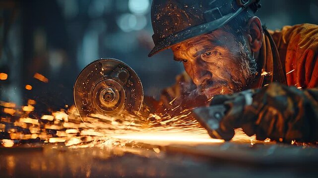 Close-up of a rugged industrial worker intensely grinding metal with sparks flying, illuminated by warm, dramatic lighting in a workshop, conveying a powerful sense of manual labor