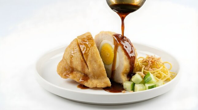 Steaming Indonesian Pempek Kapal Selam Fish Cake with Cuko Sauce Pour, Egg, Noodles, and Cucumber on White Plate