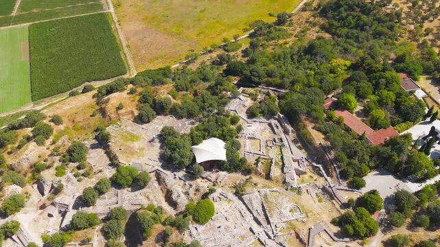 Tevfikiye, Turkey. Wide aerial panorama of the Troas region and the surrounding landscape from the hill of Hisarlik at ancient Troy. Aerial view, Point of interest