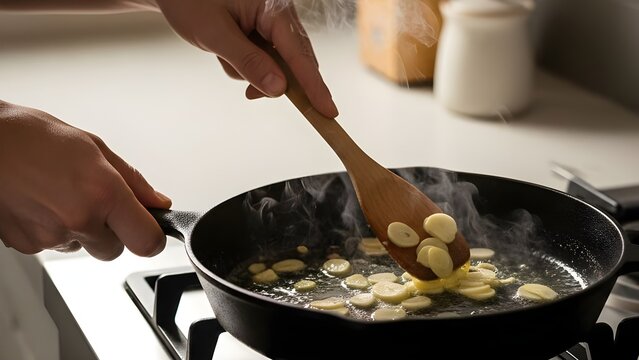 Chef Saut&eacute;ing Sliced Garlic in Pan for Cooking and Gourmet Concept 전문 요리사와 미식 컨셉을 위해 프라이팬에서 슬라이스 마늘을 볶는 조리 과정