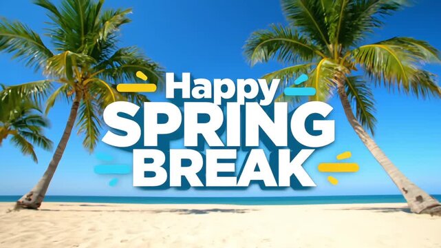 Happy Spring Break Text on Tropical Beach with Palm Trees