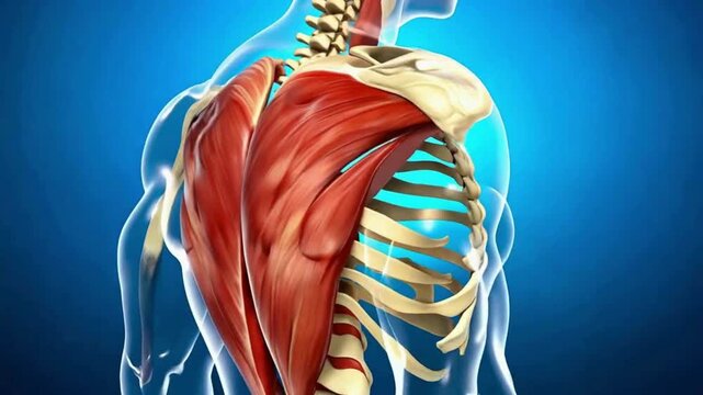 Medical animation presenting detailed human back muscle anatomy. Digital visualization of upper back muscles and muscular system. Ideal for healthcare education, anatomy studies, fitness science, and 