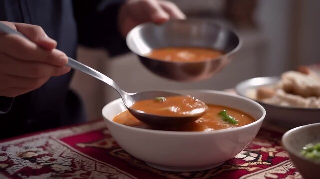 Cinematic video of a person serving golden soup into a bowl on a patterned tablecloth