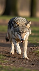 Obraz premium Intense Gaze of a Gray Wolf Strolling Through the Woods.