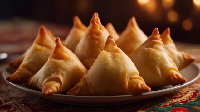 Cinematic video of samosa, golden, food, cuisine, pastry on a plate in a cozy setting