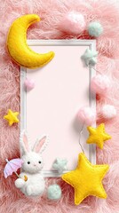 Pastel Pink Advertisement Design Template Featuring White Frame Plush Rabbit Yellow Crescent Moon and Stars Set Against Textured Rosy Background for Baby Announcement