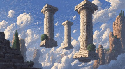 Pixel Art Fantasy Landscape with Three Stone Pillars Floating Among White Clouds Rocky Cliffs Sparse Vegetation and Bright Cloudy Sky