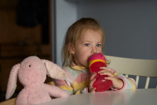 Toddler girl drinking from sippy cup indoors
